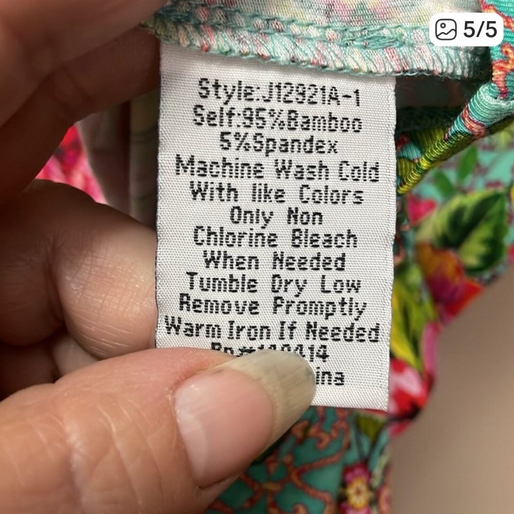 Johnny Was Floral V-Neck Short Sleeve Tee in Mint, Pink, Green - Picture 6 of 6